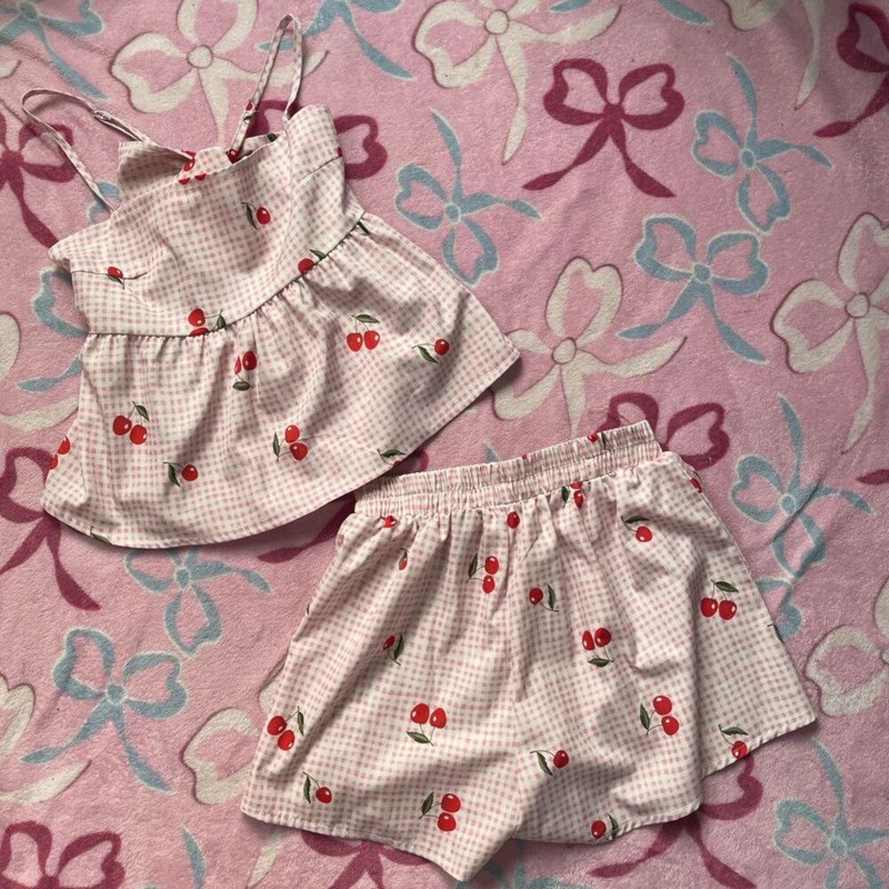 Summer Pink & White Plaid Cherry Print Co-ord Tie-Back Open Back Cami Set
